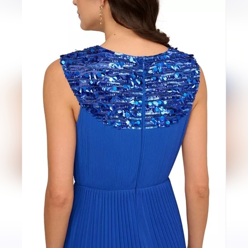 NWT Adrianna Papell Pleated Chiffon Sequin Halter Dress Brilliant Sapphire Sz 8 - Picture 4 of 15